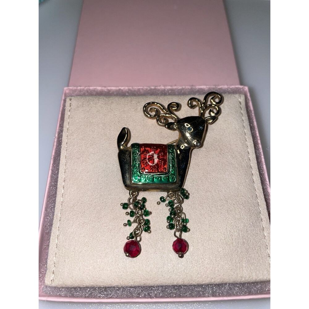 Vintage Multicolor‎ Gemstone Reindeer Christmas Brooch Pin with Swinging Legs